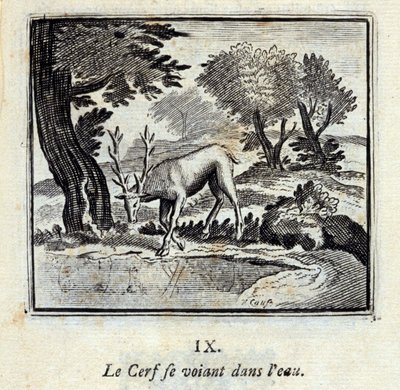 O Veado a ver-se na água. Fábulas de Jean de La Fontaine (1621-95). Ilustração de François Chauveau (1613-1676). Edição de 1728. de Francois Chauveau