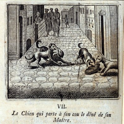 O Cão que usa o Jantar do seu Mestre ao pescoço. Fábulas de Jean de La Fontaine (1621-95). Ilustração de François Chauveau (1613-1676). Edição de 1728. de Francois Chauveau