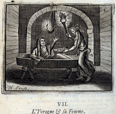 O bêbado e a sua mulher. Fábulas de Jean de La Fontaine (1621-95). Ilustração de François Chauveau (1613-1676). Edição de 1728. de Francois Chauveau