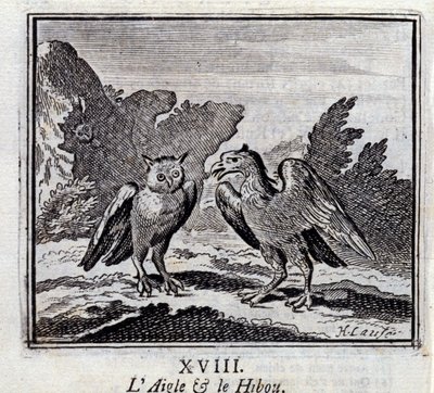 A Águia e o Coruja. Fábulas de Jean de La Fontaine (1621-95). Ilustração de François Chauveau (1613-1676). Edição de 1728. de Francois Chauveau
