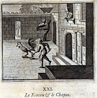 O Falcão e o Capão. Fábulas de Jean de La Fontaine (1621-95). Ilustração de François Chauveau (1613-1676). Edição de 1728. de Francois Chauveau