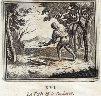 A Floresta e o Bucheron. Fábulas de Jean de La Fontaine (1621-95). Ilustração de François Chauveau (1613-1676). Edição de 1728. de Francois Chauveau