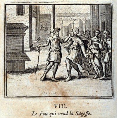 O Fou que vende sabedoria. Fábulas de Jean de La Fontaine (1621-95). Ilustração de François Chauveau (1613-1676). Edição de 1728. de Francois Chauveau