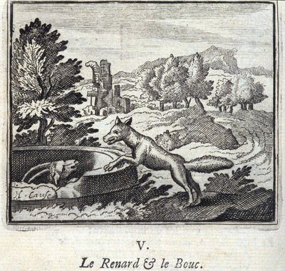 The Fox and the Bouc.Fables de Jean de La Fontaine (1621-95). Ilustração de François Chauveau (1613-1676). Edição de 1728. de Francois Chauveau