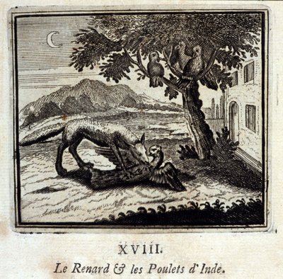 A Raposa e as Galinhas da Índia. Fábulas de Jean de La Fontaine (1621-95). Ilustração de François Chauveau (1613-1676). Edição de 1728. de Francois Chauveau
