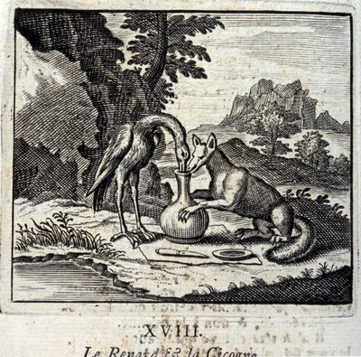 The Fox and the Cigogne.Fables de Jean de La Fontaine (1621-95). Ilustração de François Chauveau (1613-1676). Edição de 1728. de Francois Chauveau