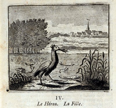 A Garça. Fábulas de Jean de La Fontaine (1621-95). Ilustração de François Chauveau (1613-1676). Edição de 1728. de Francois Chauveau