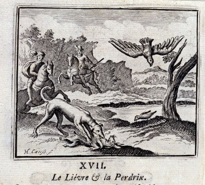 The Lievre and the Pardrix.Fables de Jean de La Fontaine (1621-95). Ilustração de François Chauveau (1613-1676). Edição de 1728. de Francois Chauveau