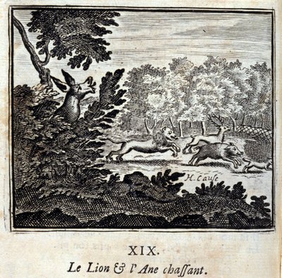 O Leão e a Caça ao Burro. Fábulas de Jean de La Fontaine (1621-95). Ilustração de François Chauveau (1613-1676). Edição de 1728. de Francois Chauveau