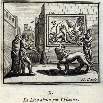 O Leão abatido pelo Homem. Fábulas de Jean de La Fontaine (1621-95). Ilustração de François Chauveau (1613-1676). Edição de 1728. de Francois Chauveau