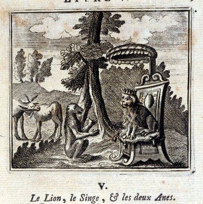 The Lion the Monkey and the Two Anes.Fables de Jean de La Fontaine (1621-95). Ilustração de François Chauveau (1613-1676). Edição de 1728. de Francois Chauveau