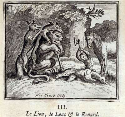 O Leão, o Lobo e a Raposa. Fábulas de Jean de La Fontaine (1621-95). Ilustração de François Chauveau (1613-1676). Edição de 1728. de Francois Chauveau
