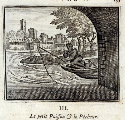 O Pequeno Peixe e o Pescador. Fábulas de Jean de La Fontaine (1621-95). Ilustração de François Chauveau (1613-1676). Edição de 1728. de Francois Chauveau