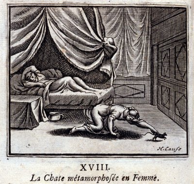 O Gato Metamorfosado na Mulher. Fábulas de Jean de La Fontaine (1621-95). Ilustração de François Chauveau (1613-1676). Edição de 1728. de Francois Chauveau