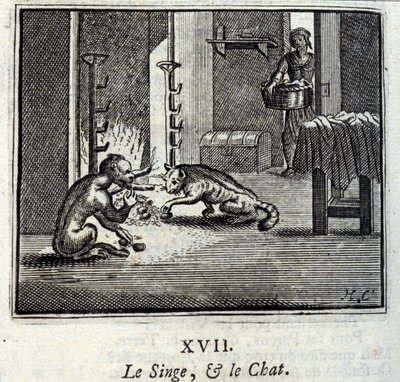 O Macaco e o Gato. Fábulas de Jean de La Fontaine (1621-95). Ilustração de François Chauveau (1613-1676). Edição de 1728. de Francois Chauveau