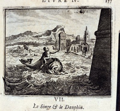 The Monkey and the Dauphin.Fables de Jean de La Fontaine (1621-95). Ilustração de François Chauveau (1613-1676). Edição de 1728. de Francois Chauveau