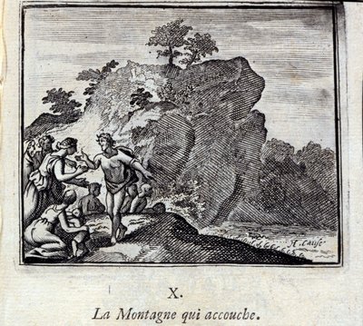 A Montanha a dar à luz. Fábulas de Jean de La Fontaine (1621-95). Ilustração de François Chauveau (1613-1676). Edição de 1728. de Francois Chauveau
