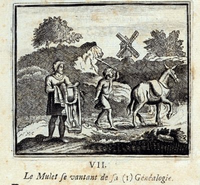 O Mullet a gabar-se da sua genealogia. Fábulas de Jean de La Fontaine (1621-95). Ilustração de François Chauveau (1613-1676). Edição de 1728. de Francois Chauveau