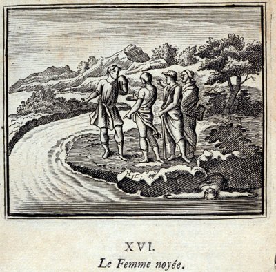 A Mulher Noyee. Fábulas de Jean de La Fontaine (1621-95). Ilustração de François Chauveau (1613-1676). Edição de 1728. de Francois Chauveau