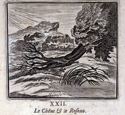 O Carvalho e o Reed. Fábulas de Jean de La Fontaine (1621-95). Ilustração de François Chauveau (1613-1676). Edição de 1728. de Francois Chauveau
