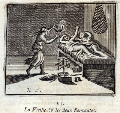 A Velha Senhora e os Dois Servidores. Fábulas de Jean de La Fontaine (1621-95). Ilustração de François Chauveau (1613-1676). Edição de 1728. de Francois Chauveau