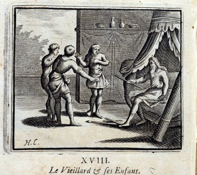 O Velho e os seus filhos. Fábulas de Jean de La Fontaine (1621-95). Ilustração de François Chauveau (1613-1676). Edição de 1728. de Francois Chauveau