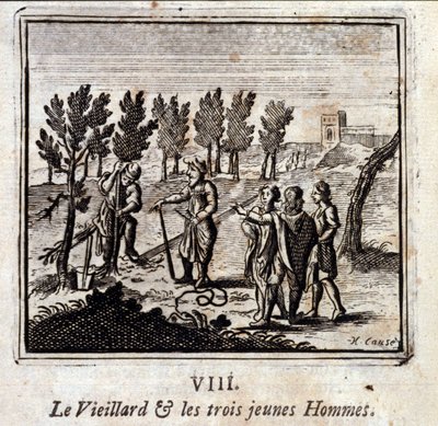 O Velho e os Três Jovens. Fábulas de Jean de La Fontaine (1621-95). Ilustração de François Chauveau (1613-1676). Edição de 1728. de Francois Chauveau
