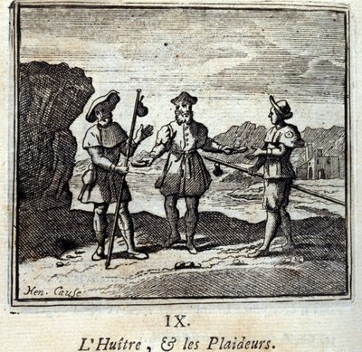 A Ostra e os Litigantes. Fábulas de Jean de La Fontaine (1621-95). Ilustração de François Chauveau (1613-1676). Edição de 1728. de Francois Chauveau