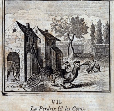 O Partridge and the Cocks. Fábulas de Jean de La Fontaine (1621-95). Ilustração de François Chauveau (1613-1676). Edição de 1728. de Francois Chauveau