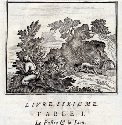 A Patra e o Leão. Fábulas de Jean de La Fontaine (1621-95). Ilustração de François Chauveau (1613-1676). Edição de 1728. de Francois Chauveau