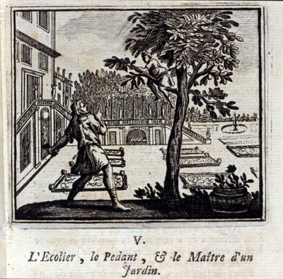 A Escola Pedagógica e o Mestre de um Jardim. Fábulas de Jean de La Fontaine (1621-95). Ilustração de François Chauveau (1613-1676). Edição de 1728. de Francois Chauveau