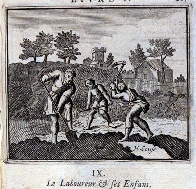 O Ploureur e os seus Enfants. Fábulas de Jean de La Fontaine (1621-95). Ilustração de François Chauveau (1613-1676). Edição de 1728. de Francois Chauveau