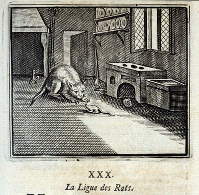 A Liga dos Ratos. Fábulas de Jean de La Fontaine (1621-95). Ilustração de François Chauveau (1613-1676). Edição de 1728. de Francois Chauveau