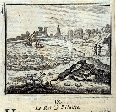 The Rat and the Oyer.Fables de Jean de La Fontaine (1621-95). Ilustração de François Chauveau (1613-1676). Edição de 1728. de Francois Chauveau