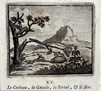 O Corvo, a Gazela, a Tartaruga e o Rato. Fábulas de Jean de La Fontaine (1621-95). Ilustração de François Chauveau (1613-1676). Edição de 1728. de Francois Chauveau