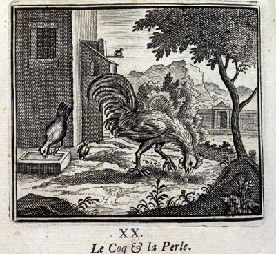 O Galo e a Pérola. Fábulas de Jean de La Fontaine (1621-95). Ilustração de François Chauveau (1613-1676). Edição de 1728. de Francois Chauveau
