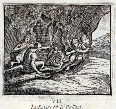 O Satyre e o Passageiro. Fábulas de Jean de La Fontaine (1621-95). Ilustração de François Chauveau (1613-1676). Edição de 1728. de Francois Chauveau