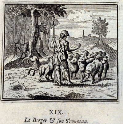 O Pastor e o seu rebanho. Fábulas de Jean de La Fontaine (1621-95). Ilustração de François Chauveau (1613-1676). Edição de 1728. de Francois Chauveau