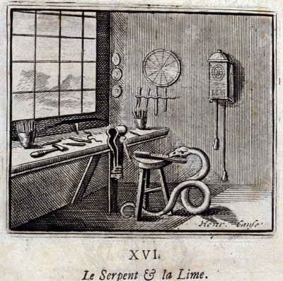 The Snake and the Lime.Fables de Jean de La Fontaine (1621-95). Ilustração de François Chauveau (1613-1676). Edição de 1728. de Francois Chauveau