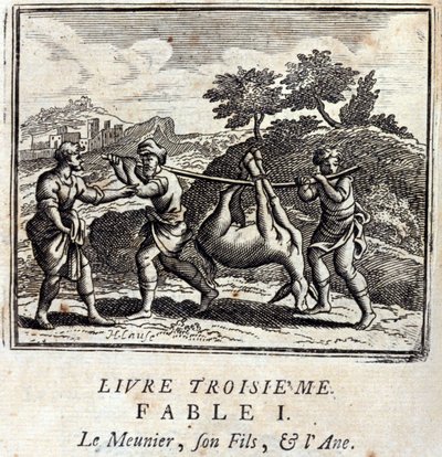 O Otário seu filho e o Burro. Fábulas de Jean de La Fontaine (1621-95). Ilustração de François Chauveau (1613-1676). Edição de 1728. de Francois Chauveau