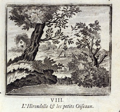 A Andorinha e os passarinhos. Fábulas de Jean de La Fontaine (1621-95). Ilustração de François Chauveau (1613-1676). Edição de 1728. de Francois Chauveau