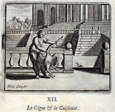 O Cisne e o Cozinheiro. Fábulas de Jean de La Fontaine (1621-95). Ilustração de François Chauveau (1613-1676). Edição de 1728. de Francois Chauveau