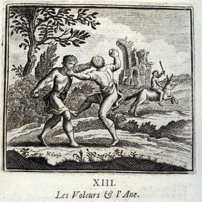 The Thieves and the Ane.Fables de Jean de La Fontaine (1621-95). Ilustração de François Chauveau (1613-1676). Edição de 1728. de Francois Chauveau