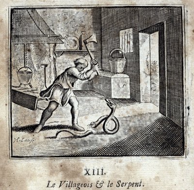 The Villager and the Snake. Fábulas de Jean de La Fontaine (1621-95). Ilustração de François Chauveau (1613-1676). Edição de 1728. de Francois Chauveau