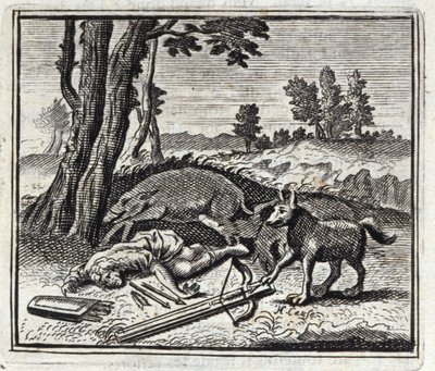 O Lobo e o Caçador. Fábulas de Jean de La Fontaine (1621-95). Ilustração de François Chauveau (1613-1676). Edição de 1728. de Francois Chauveau