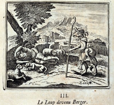 The Wolf tornou-se Berger.Fables por Jean de La Fontaine (1621-95). Ilustração de François Chauveau (1613-1676). Edição de 1728. de Francois Chauveau