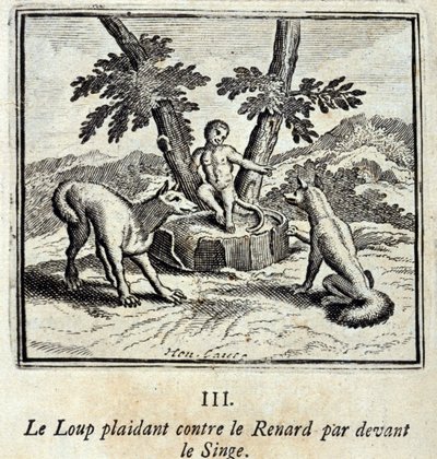 O Lobo a implorar contra a Raposa em frente ao Macaco. Fábulas de Jean de La Fontaine (1621-95). Ilustração de François Chauveau (1613-1676). Edição de 1728. de Francois Chauveau