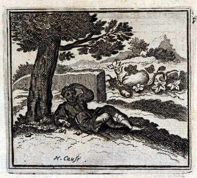 A bolota e a abóbora. Fábulas de Jean de La Fontaine (1621-95). Ilustração de François Chauveau (1613-1676). Edição de 1728. de Francois Chauveau