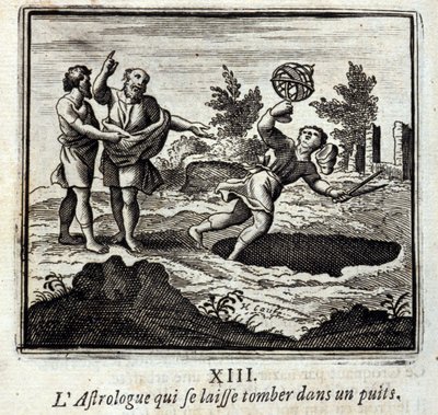 O astrólogo que cai num poço. Fábulas de Jean de La Fontaine (1621-95). Ilustração de François Chauveau (1613-1676). Edição de 1728. de Francois Chauveau