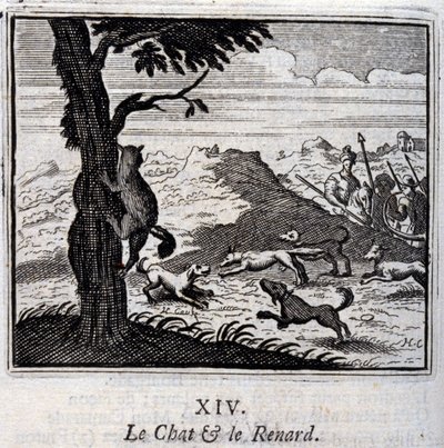 O gato e a raposa. Fábulas de Jean de La Fontaine (1621-95). Ilustração de François Chauveau (1613-1676). Edição de 1728. de Francois Chauveau